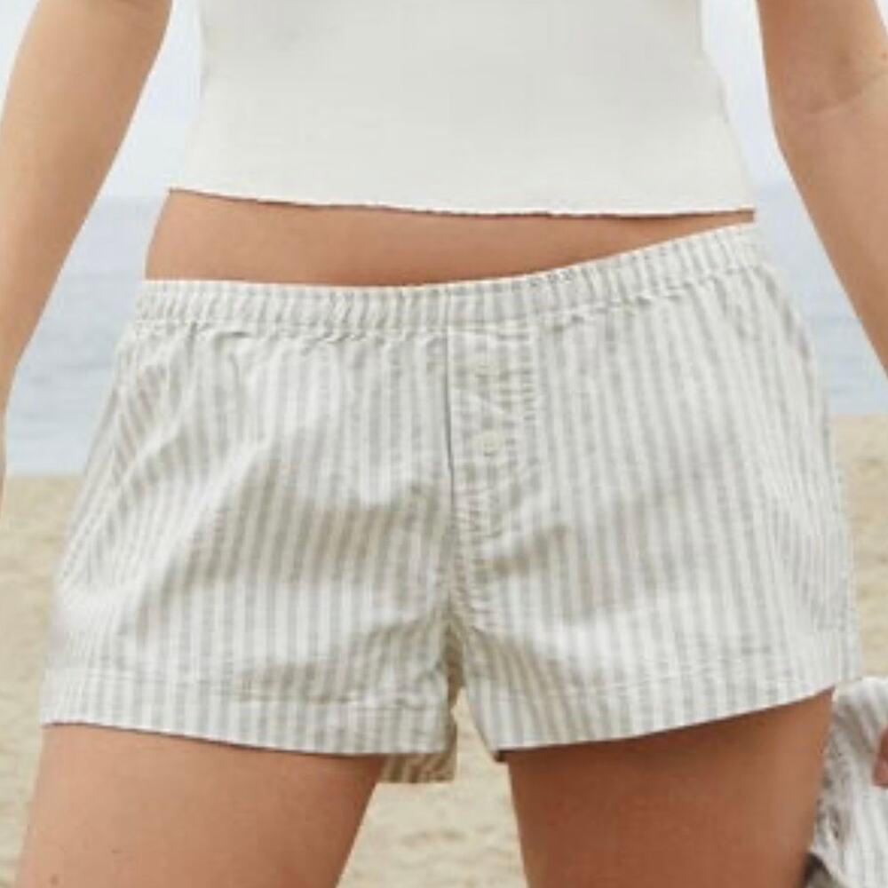 John Galt Gray and White Striped Linen Boxer Mini Shorts Womens One Size